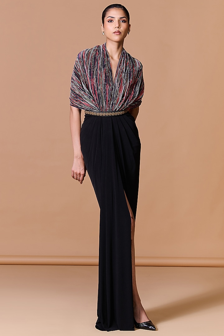 Black Poly Jersey & Satin Cape Engagement Gown by S&N by Shantnu Nikhil at Pernia's Pop Up Shop