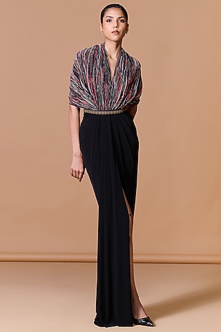 Black Poly Jersey & Satin Cape Gown by S&N by Shantnu Nikhil