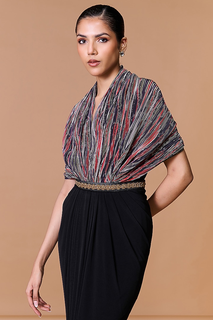 Black Poly Jersey & Satin Cape Engagement Gown by S&N by Shantnu Nikhil at Pernia's Pop Up Shop