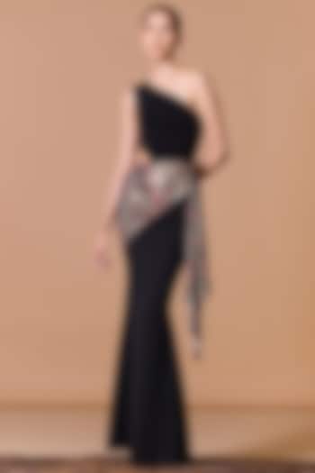 Black Poly Jersey Striped Asymmetric Engagement Gown by S&N by Shantnu Nikhil at Pernia's Pop Up Shop