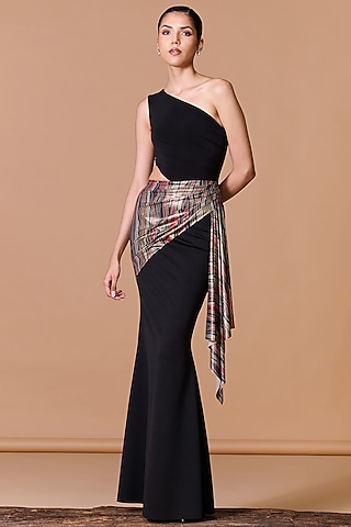 Black Poly Jersey Striped Asymmetric Gown by S&N by Shantnu Nikhil