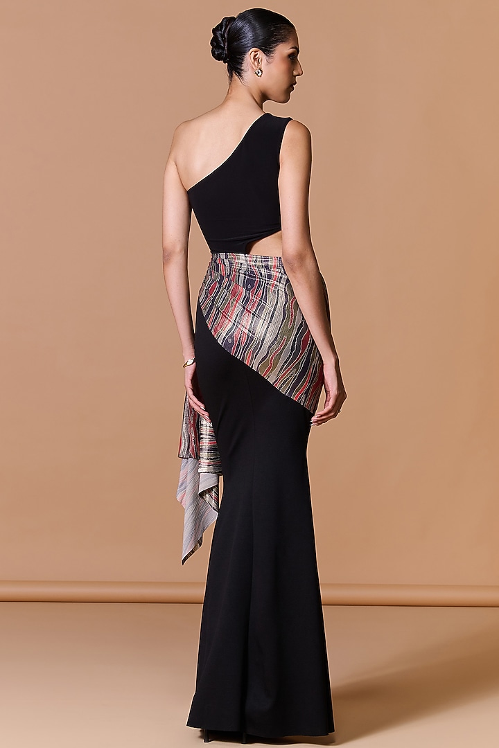Black Poly Jersey Striped Asymmetric Engagement Gown by S&N by Shantnu Nikhil at Pernia's Pop Up Shop