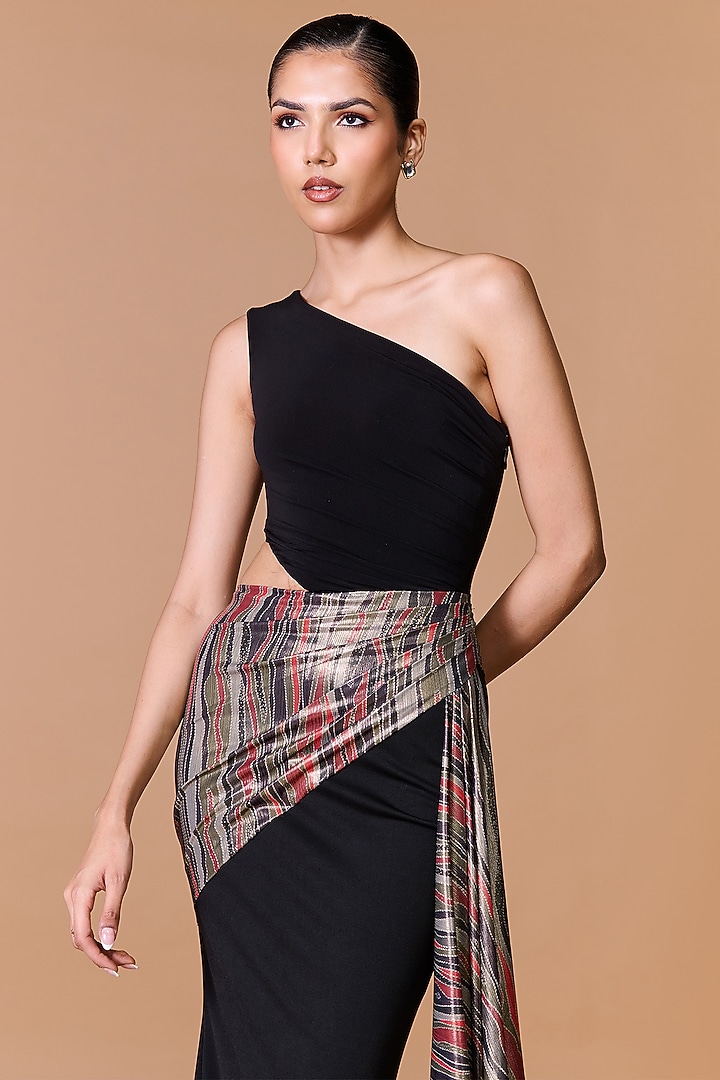 Black Poly Jersey Striped Asymmetric Engagement Gown by S&N by Shantnu Nikhil at Pernia's Pop Up Shop