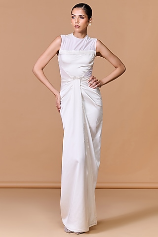 Off-White Dutch Satin Draped Gown by S&N by Shantnu Nikhil