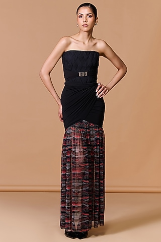 Multi-Colored Net Poly Jersey Printed Draped Skirt by S&N by Shantnu Nikhil