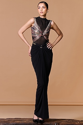 Black Poly Jersey Foil Draped Gown by S&N by Shantnu Nikhil