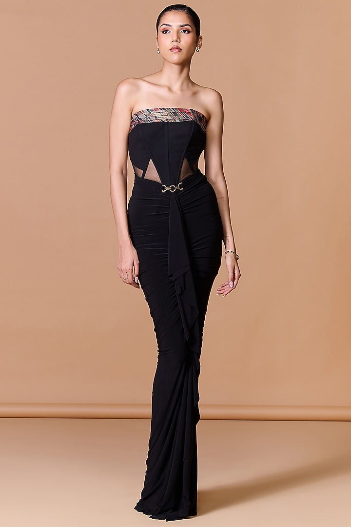 Black Poly Blend Viscose Lycra Printed Corset by S&N by Shantnu Nikhil at Pernia's Pop Up Shop