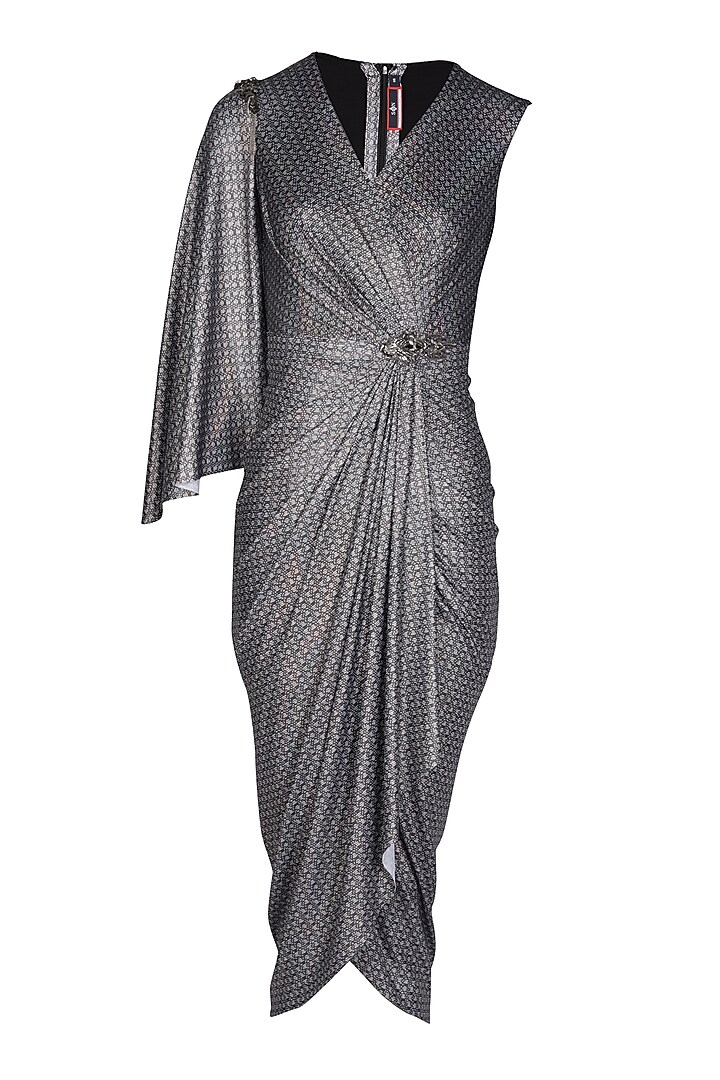 Grey Silver Lurex Printed Draped Cocktail Dress by S&N by Shantnu Nikhil at Pernia's Pop Up Shop
