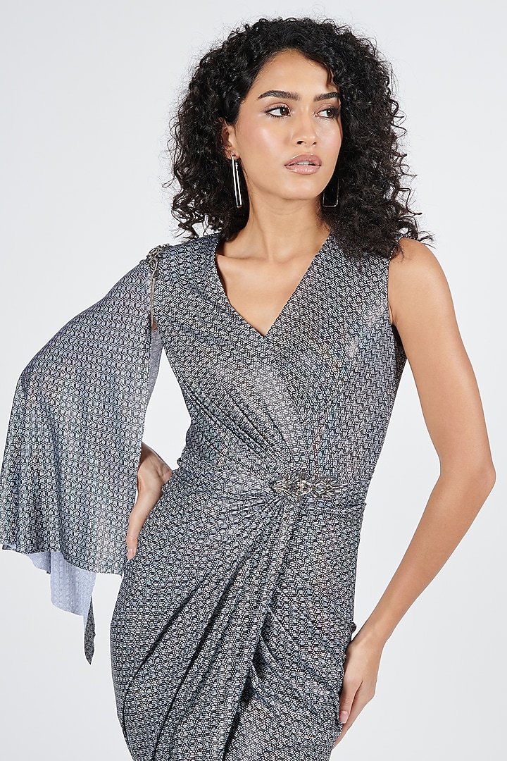 Grey Silver Lurex Printed Draped Cocktail Dress by S&N by Shantnu Nikhil at Pernia's Pop Up Shop
