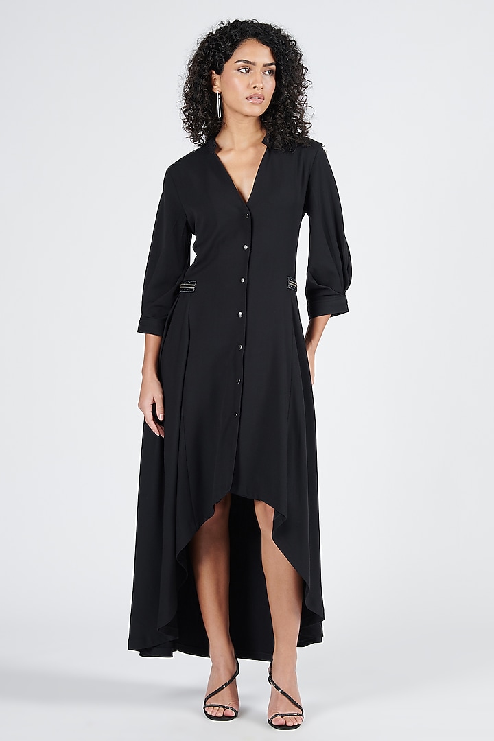 Black Brushed Suiting Fabric Asymmetrical Vacation Shirt Dress by S&N by Shantnu Nikhil at Pernia's Pop Up Shop