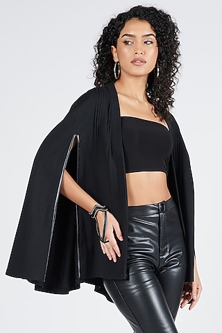 Black Brushed Suiting Fabric Pleated Cape by S&N by Shantnu Nikhil