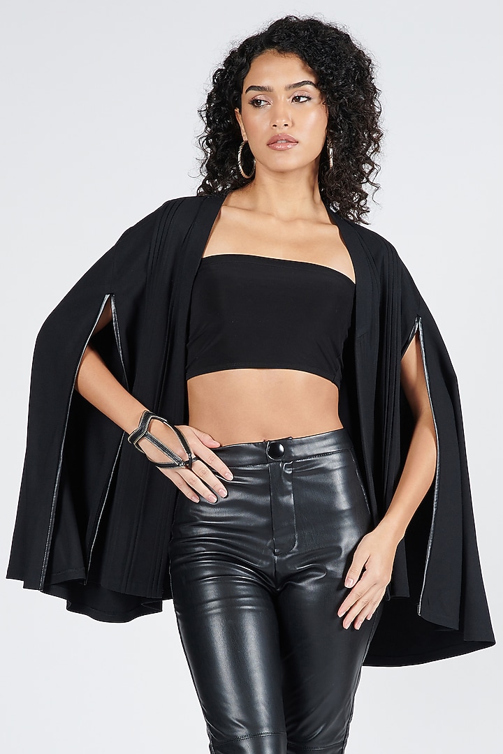 Black Brushed Suiting Fabric Pleated Cape by S&N by Shantnu Nikhil at Pernia's Pop Up Shop
