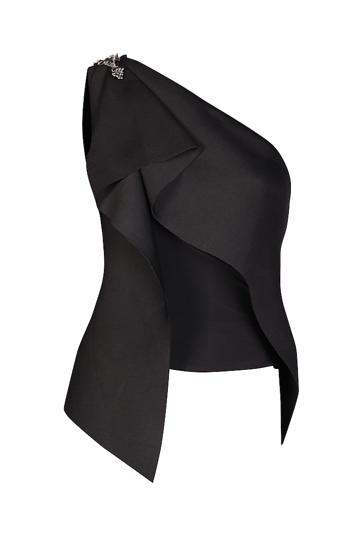 Black Neoprene One-Shoulder Asymmetric Draped Top by S&N by Shantnu Nikhil at Pernia's Pop Up Shop