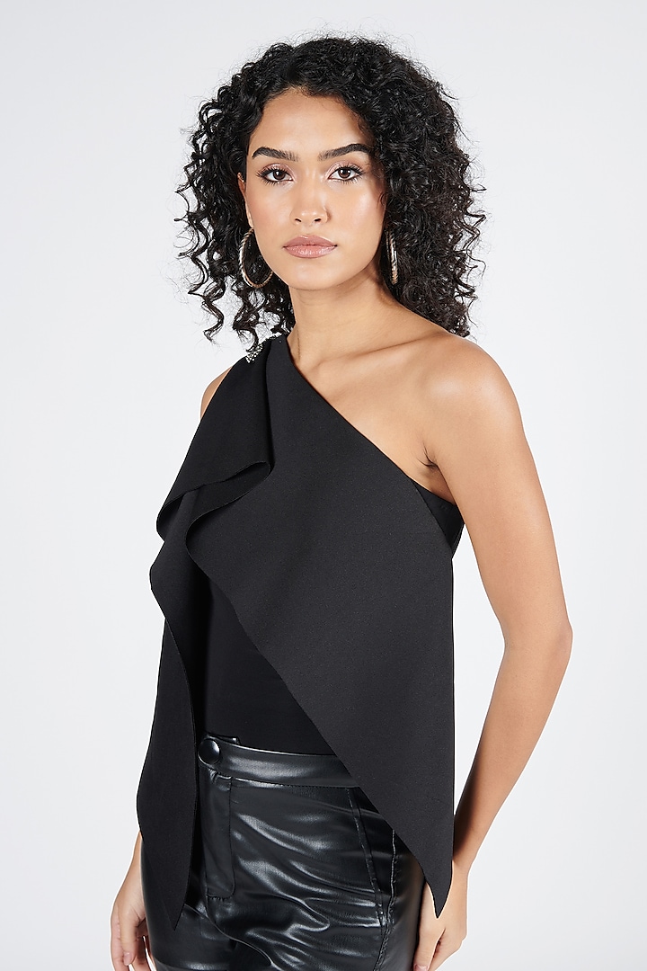 Black Neoprene One-Shoulder Asymmetric Draped Top by S&N by Shantnu Nikhil at Pernia's Pop Up Shop
