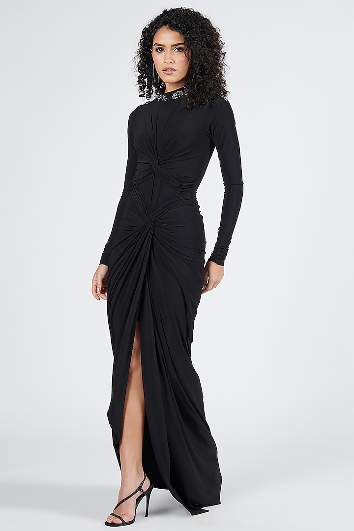 Black Poly Jersey Twisted Draped Wedding Saree Gown by S&N by Shantnu Nikhil at Pernia's Pop Up Shop