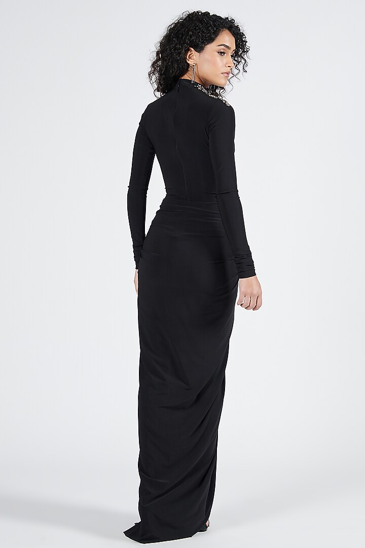Black Poly Jersey Twisted Draped Wedding Saree Gown by S&N by Shantnu Nikhil at Pernia's Pop Up Shop