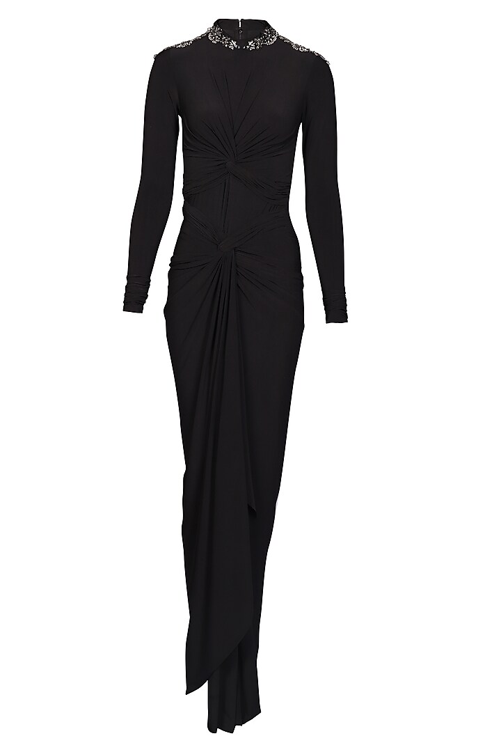 Black Poly Jersey Twisted Draped Wedding Saree Gown by S&N by Shantnu Nikhil at Pernia's Pop Up Shop