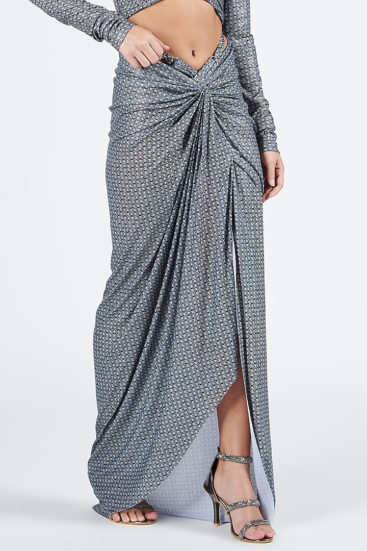 Grey Silver Lurex Printed Twisted Draped Skirt by S&N by Shantnu Nikhil