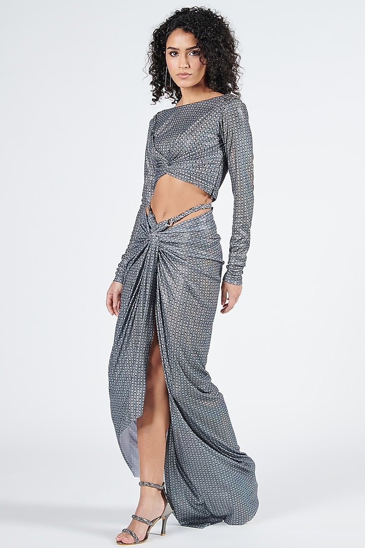 Grey Silver Lurex Printed Twisted Draped Skirt by S&N by Shantnu Nikhil at Pernia's Pop Up Shop
