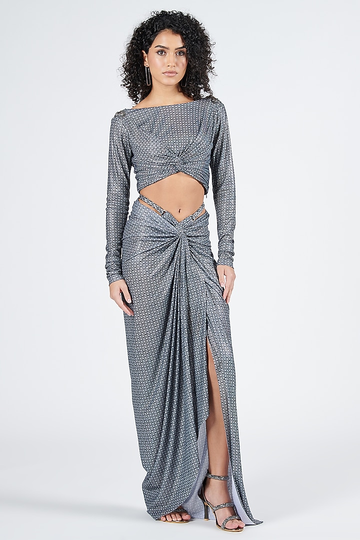 Grey Silver Lurex Printed Twisted Draped Skirt by S&N by Shantnu Nikhil at Pernia's Pop Up Shop