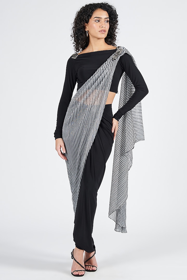 Black Poly Jersey Printed Draped Wedding Saree Gown by S&N by Shantnu Nikhil at Pernia's Pop Up Shop