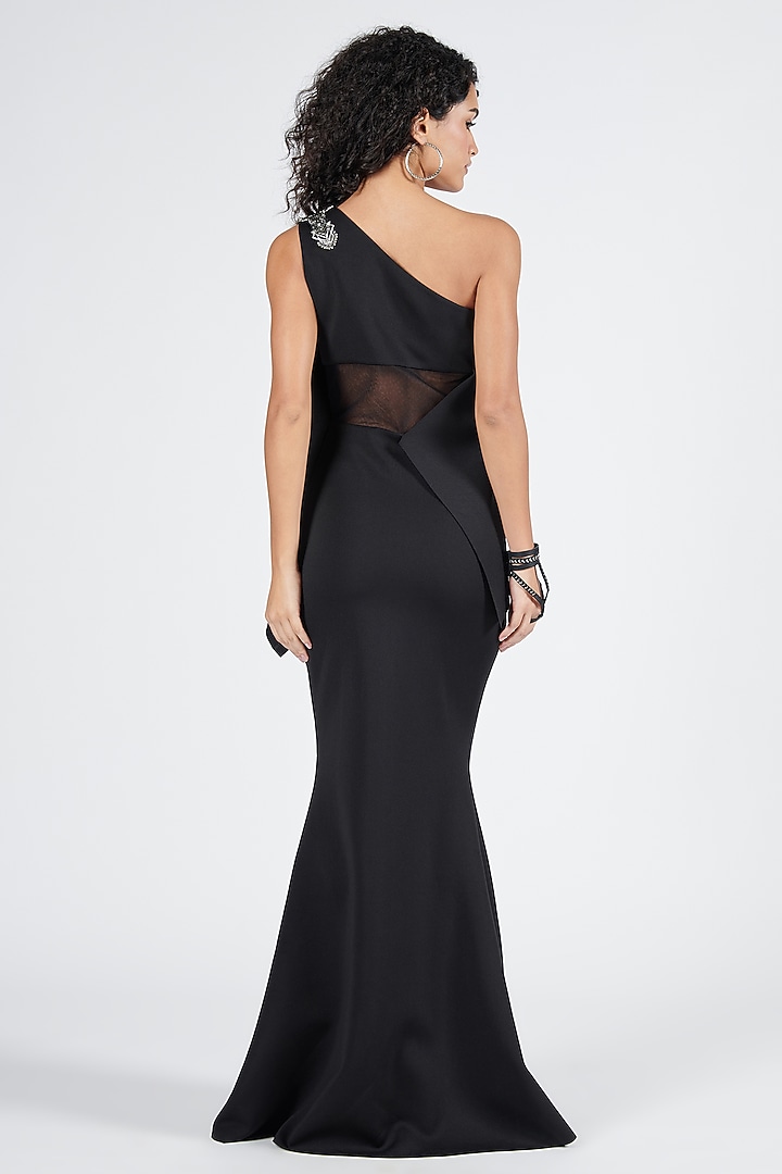 Black Neoprene One-Shoulder Draped Wedding Saree Gown by S&N by Shantnu Nikhil at Pernia's Pop Up Shop