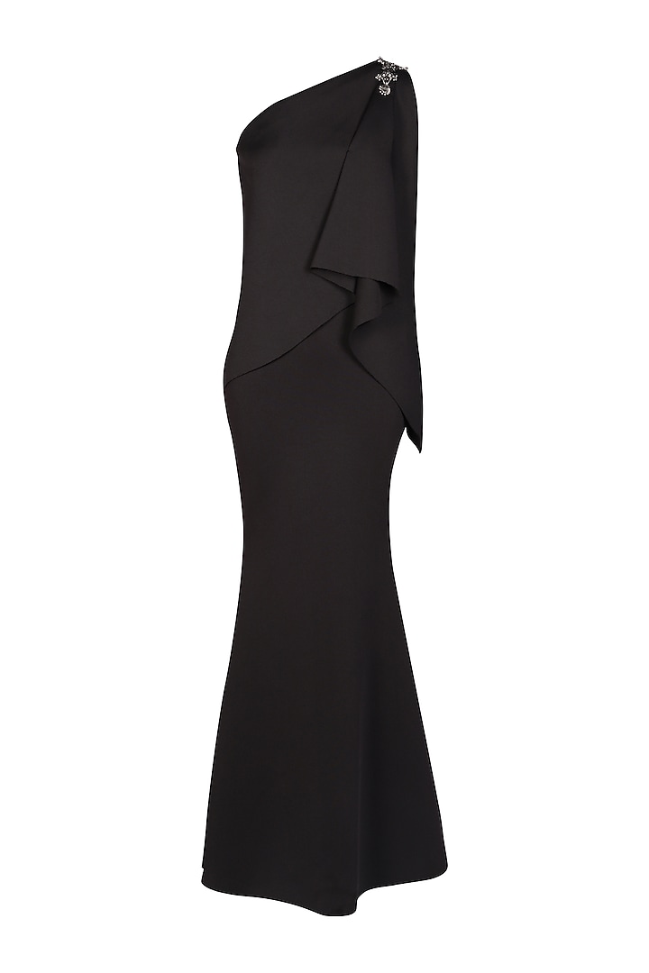 Black Neoprene One-Shoulder Draped Wedding Saree Gown by S&N by Shantnu Nikhil at Pernia's Pop Up Shop