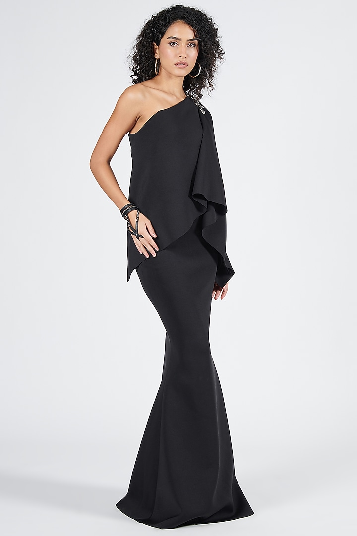 Black Neoprene One-Shoulder Draped Wedding Saree Gown by S&N by Shantnu Nikhil at Pernia's Pop Up Shop
