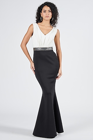 Black Neoprene Color-Blocked Saree Gown by S&N by Shantnu Nikhil