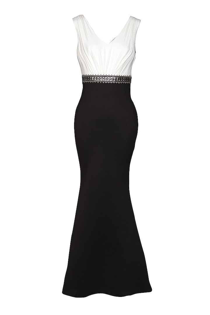 Black Neoprene Color-Blocked Wedding Saree Gown by S&N by Shantnu Nikhil at Pernia's Pop Up Shop