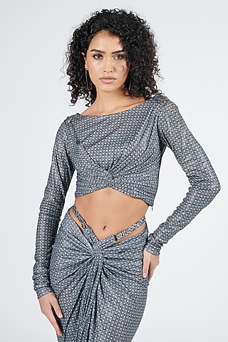 Grey Silver Lurex Printed Draped Top by S&N by Shantnu Nikhil