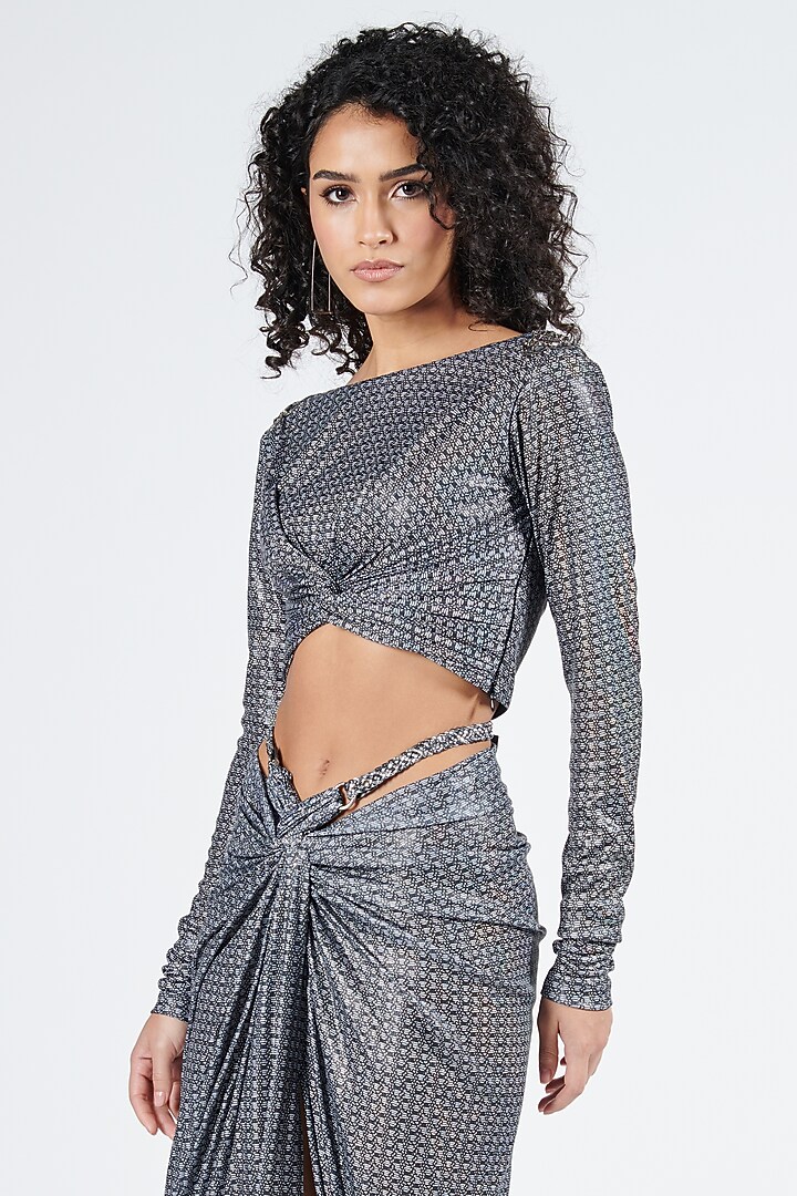 Grey Silver Lurex Printed Draped Top by S&N by Shantnu Nikhil at Pernia's Pop Up Shop