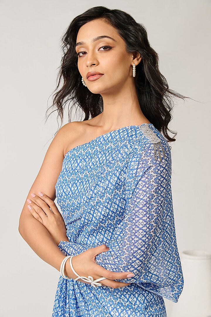 Blue Shimmer Chiffon Embroidered Vacation Dress by S&N by Shantnu Nikhil at Pernia's Pop Up Shop