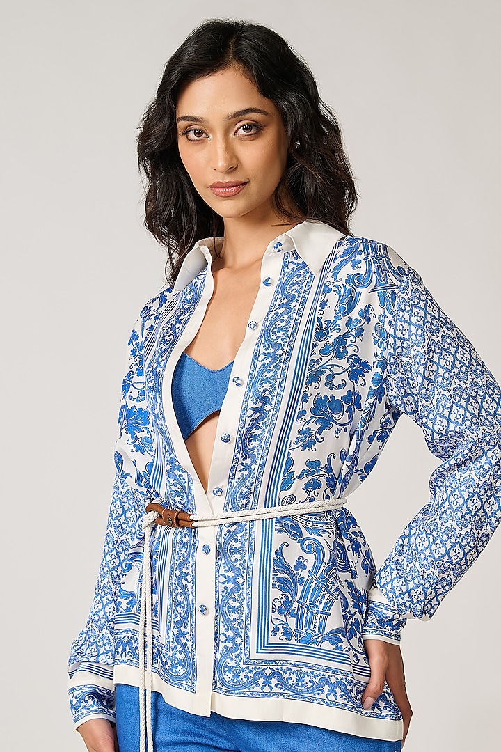 Blue Silk Twill Printed Shirt by S&N by Shantnu Nikhil at Pernia's Pop Up Shop