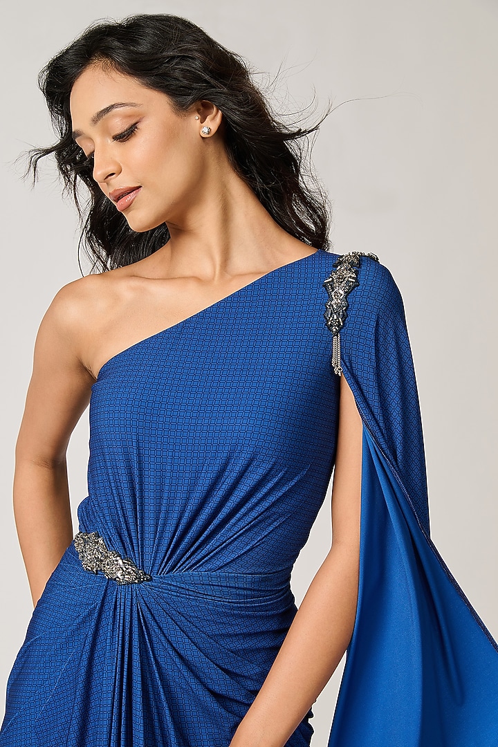 Blue Poly Jersey Embellished Wedding Gown Saree by S&N by Shantnu Nikhil at Pernia's Pop Up Shop
