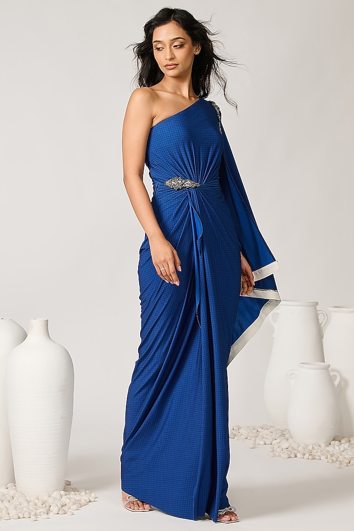 Blue Poly Jersey Embellished Wedding Gown Saree by S&N by Shantnu Nikhil at Pernia's Pop Up Shop