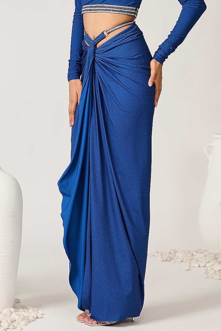 Blue Poly Jersey Printed Draped Asymmetric Skirt by S&N by Shantnu Nikhil at Pernia's Pop Up Shop