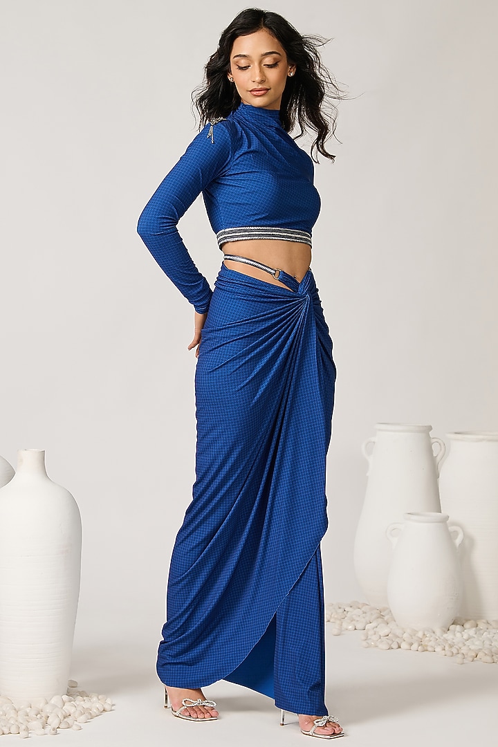 Blue Poly Jersey Printed Draped Asymmetric Skirt by S&N by Shantnu Nikhil at Pernia's Pop Up Shop
