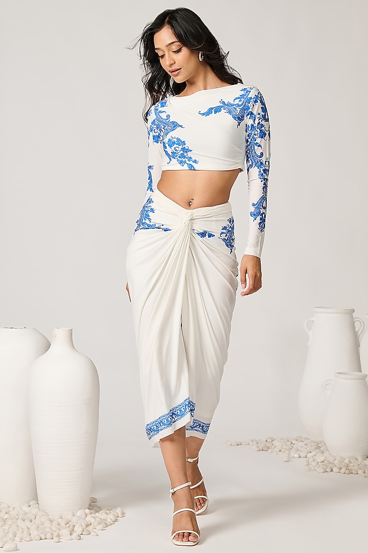 Off-White Poly Jersey Printed Draped Asymmetric Skirt by S&N by Shantnu Nikhil at Pernia's Pop Up Shop