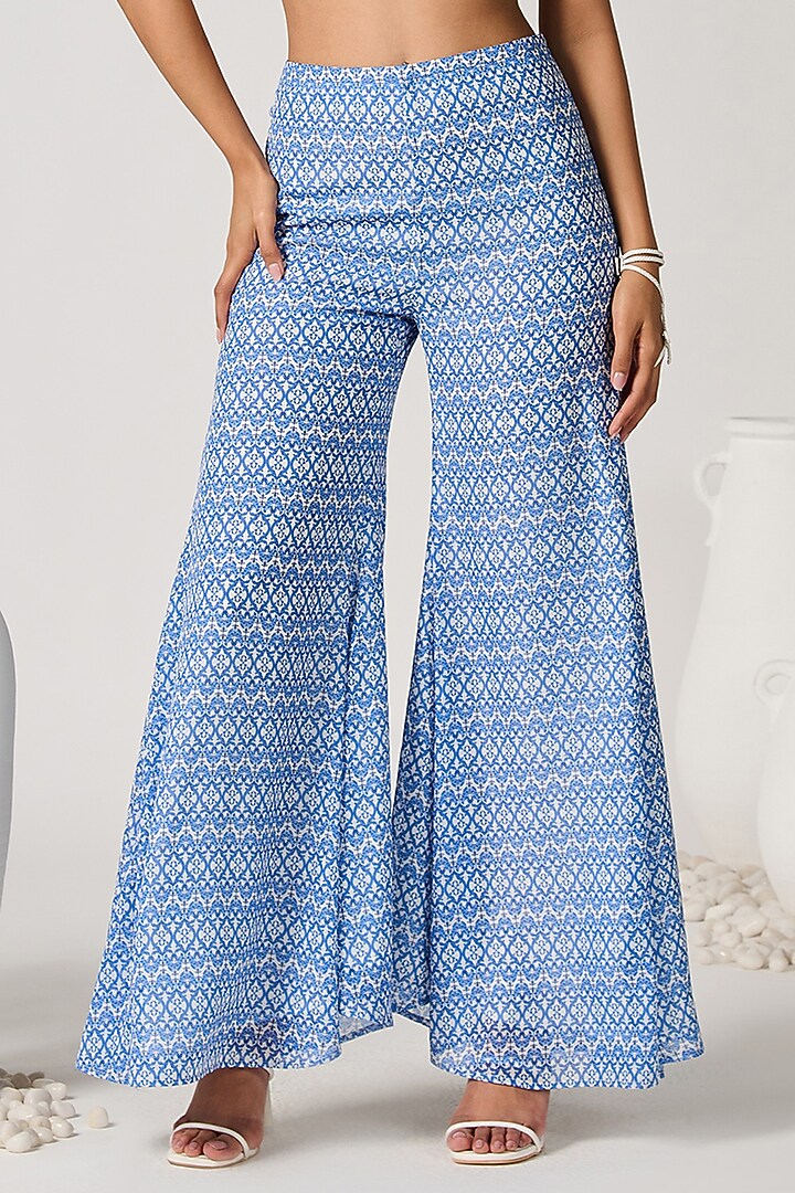 Blue Shimmer Chiffon Printed Flared Trousers by S&N by Shantnu Nikhil at Pernia's Pop Up Shop