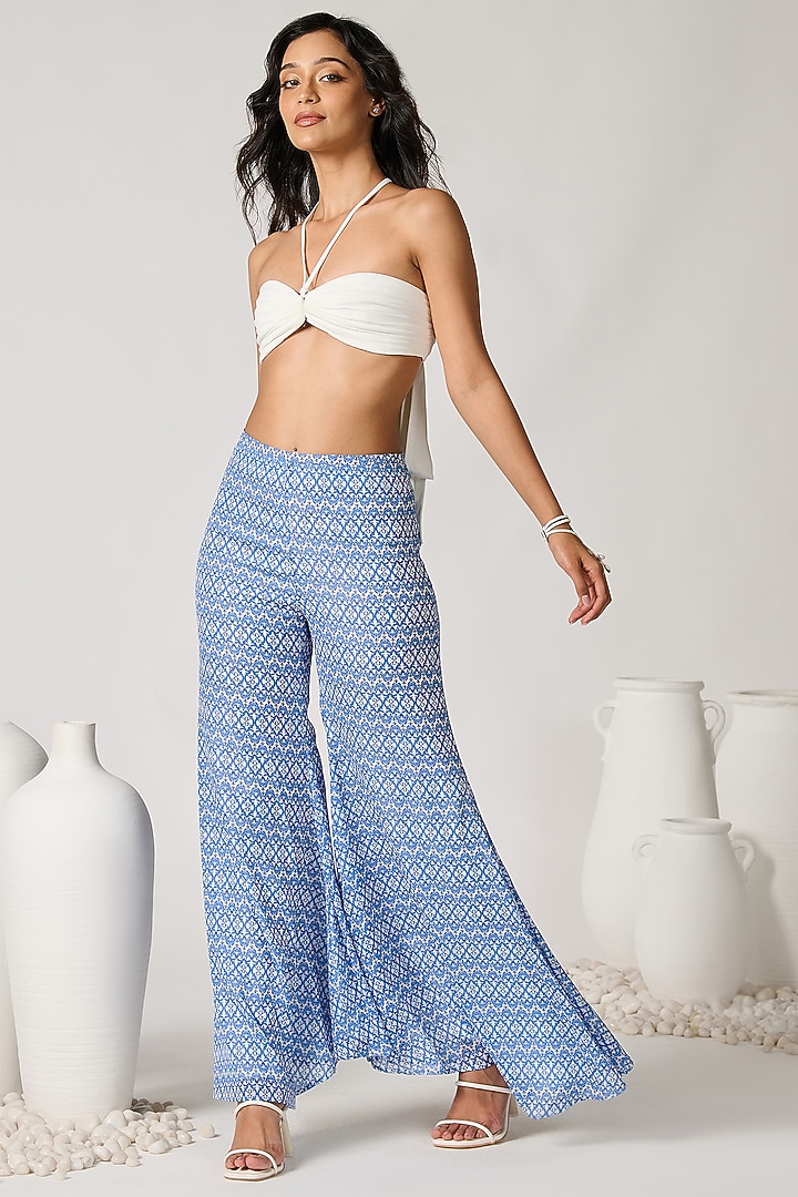 Blue Shimmer Chiffon Printed Flared Trousers by S&N by Shantnu Nikhil at Pernia's Pop Up Shop