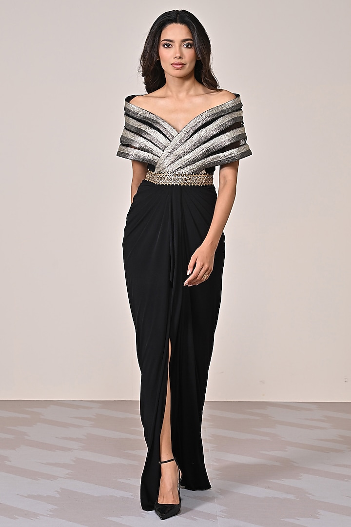 Black & Silver Jersey Wedding Gown Saree by S&N by Shantnu Nikhil at Pernia's Pop Up Shop