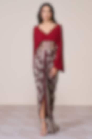 Cherry Red Jersey & Gold Foil Draped Engagement Gown by S&N by Shantnu Nikhil at Pernia's Pop Up Shop