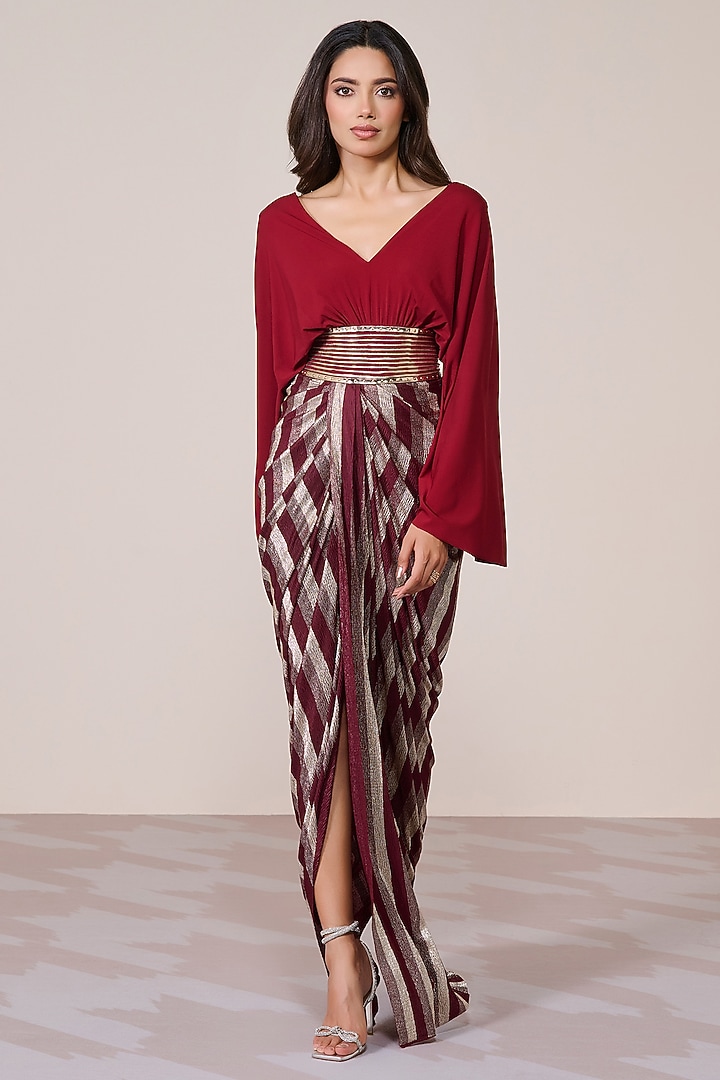 Cherry Red Jersey & Gold Foil Draped Engagement Gown by S&N by Shantnu Nikhil at Pernia's Pop Up Shop