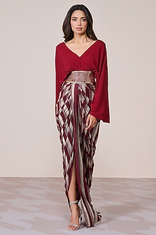 Cherry Red Jersey & Gold Foil Draped Gown by S&N by Shantnu Nikhil