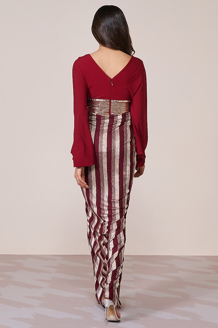 Cherry Red Jersey & Gold Foil Draped Engagement Gown by S&N by Shantnu Nikhil at Pernia's Pop Up Shop