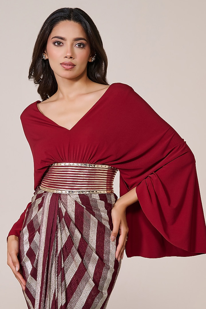 Cherry Red Jersey & Gold Foil Draped Engagement Gown by S&N by Shantnu Nikhil at Pernia's Pop Up Shop