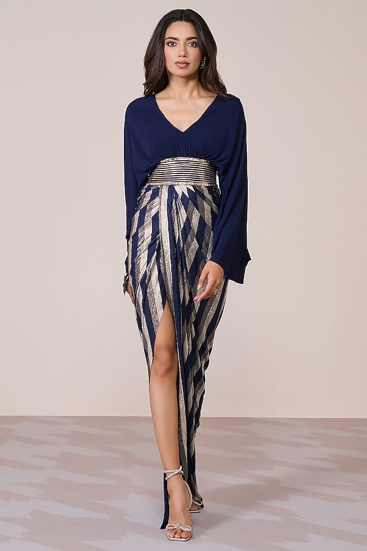 Navy Blue Jersey & Gold Foil Draped Engagement Gown by S&N by Shantnu Nikhil at Pernia's Pop Up Shop