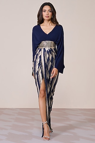 Navy Blue Jersey & Gold Foil Draped Gown by S&N by Shantnu Nikhil