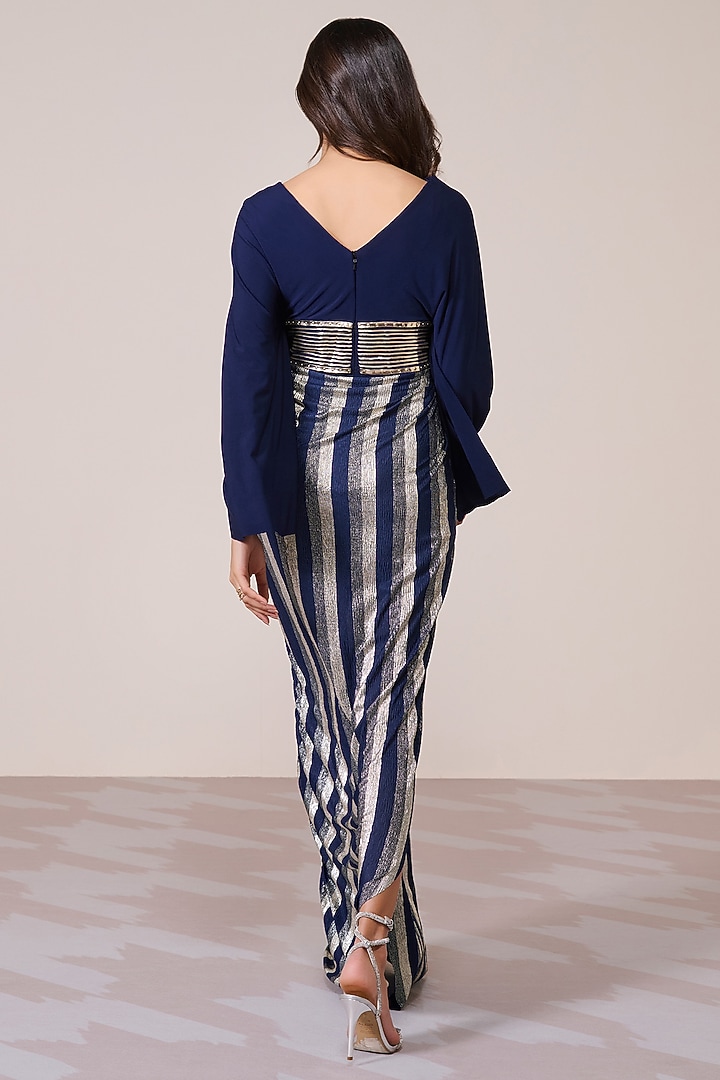 Navy Blue Jersey & Gold Foil Draped Engagement Gown by S&N by Shantnu Nikhil at Pernia's Pop Up Shop